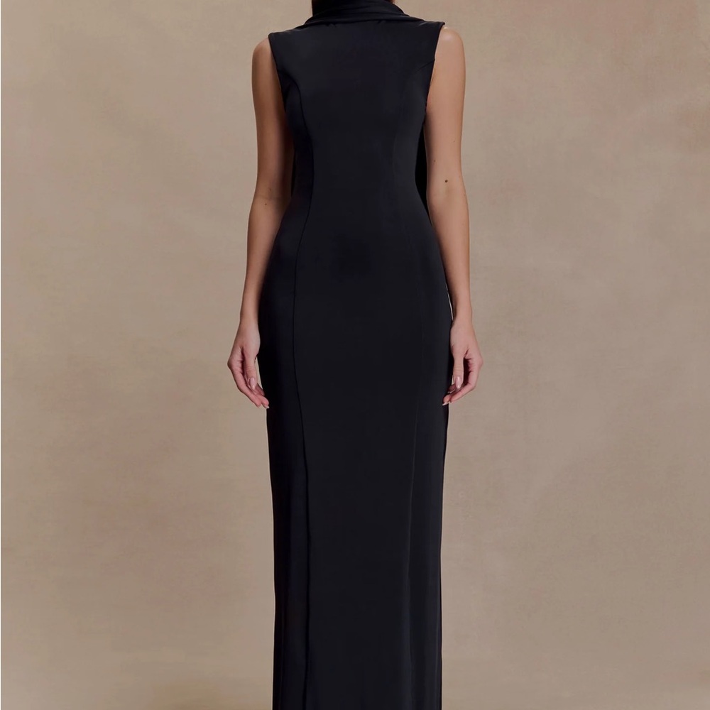 Meshki Wisteria Black Sleeveless Maxi Dress with Attached Neck Scarf